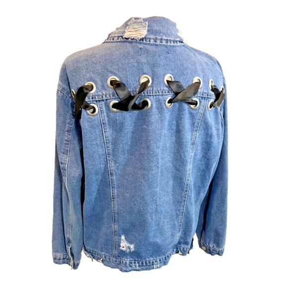 Crave Fame Women Button Up Jean Jacket Long Sleeve Stressed Size L Black Ribbon - Picture 3 of 6